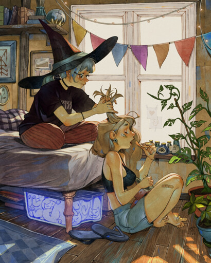 Two characters hanging out. One of them is weaving a braid. They're near a bed and there's some ghost cats in a box.