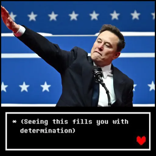 an image of Elon Musk giving a nazi salute at Trump's inauguration. at the bottom is a box that reads "seeing this fills you with determination."