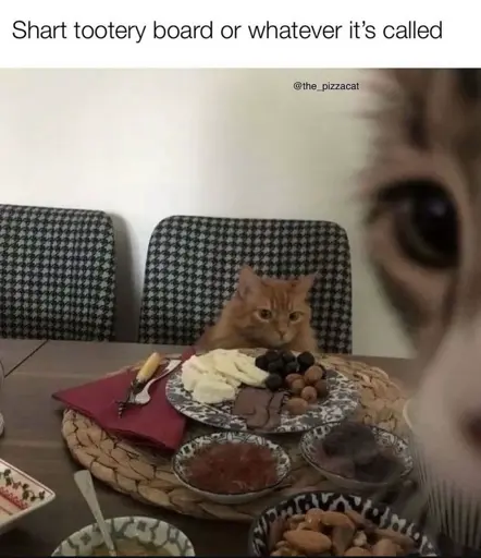 A cat sitting at a table with a charcuterie board, appearing as though the cat has created the board itself. There is a portion of a second cat’s head out of focus in the foreground on the right side. The image caption reads “shart tootery board or whatever it’s called”. 