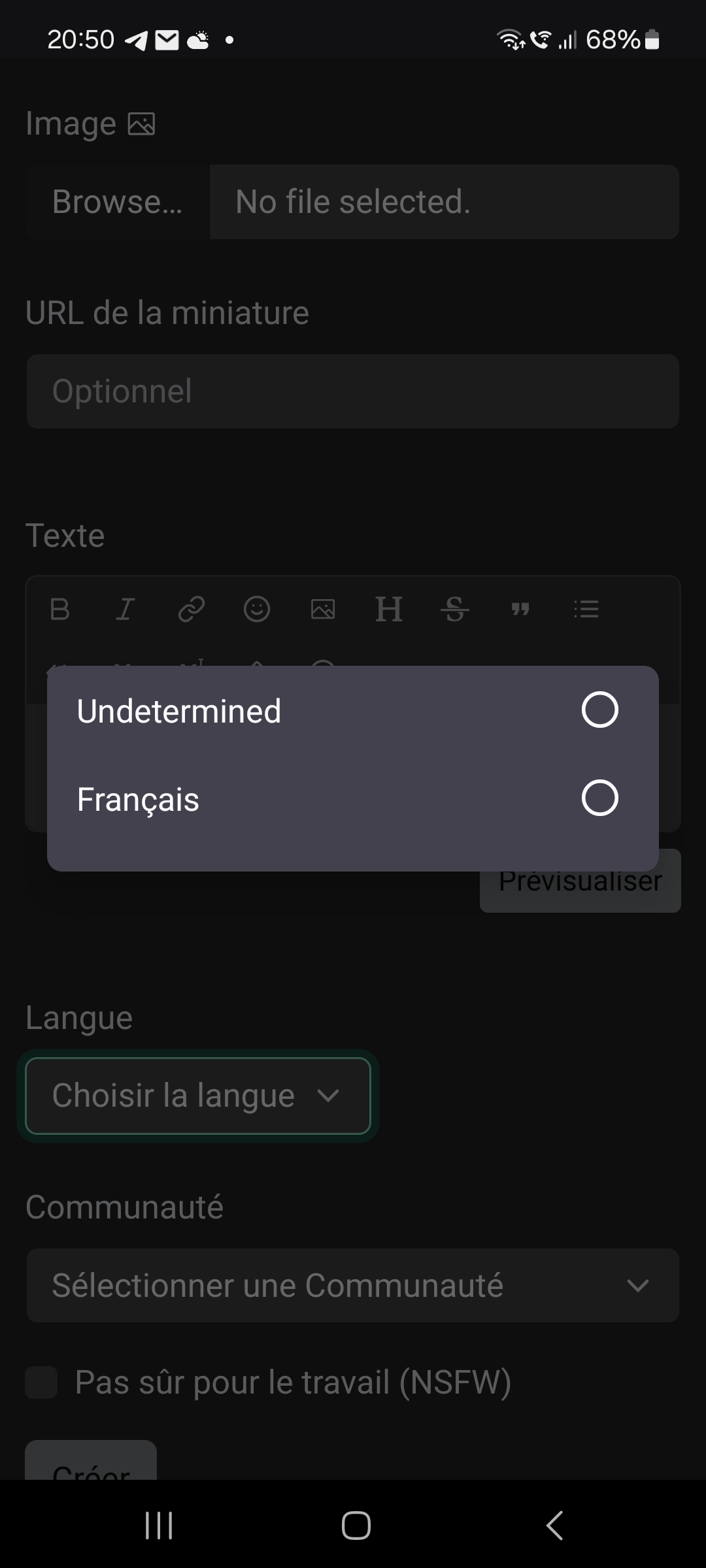 Capture d'écran du sélécteur de lange lors de la création d'une publication. Les 2 choix disponibles sont "Français" et "Undetermined"